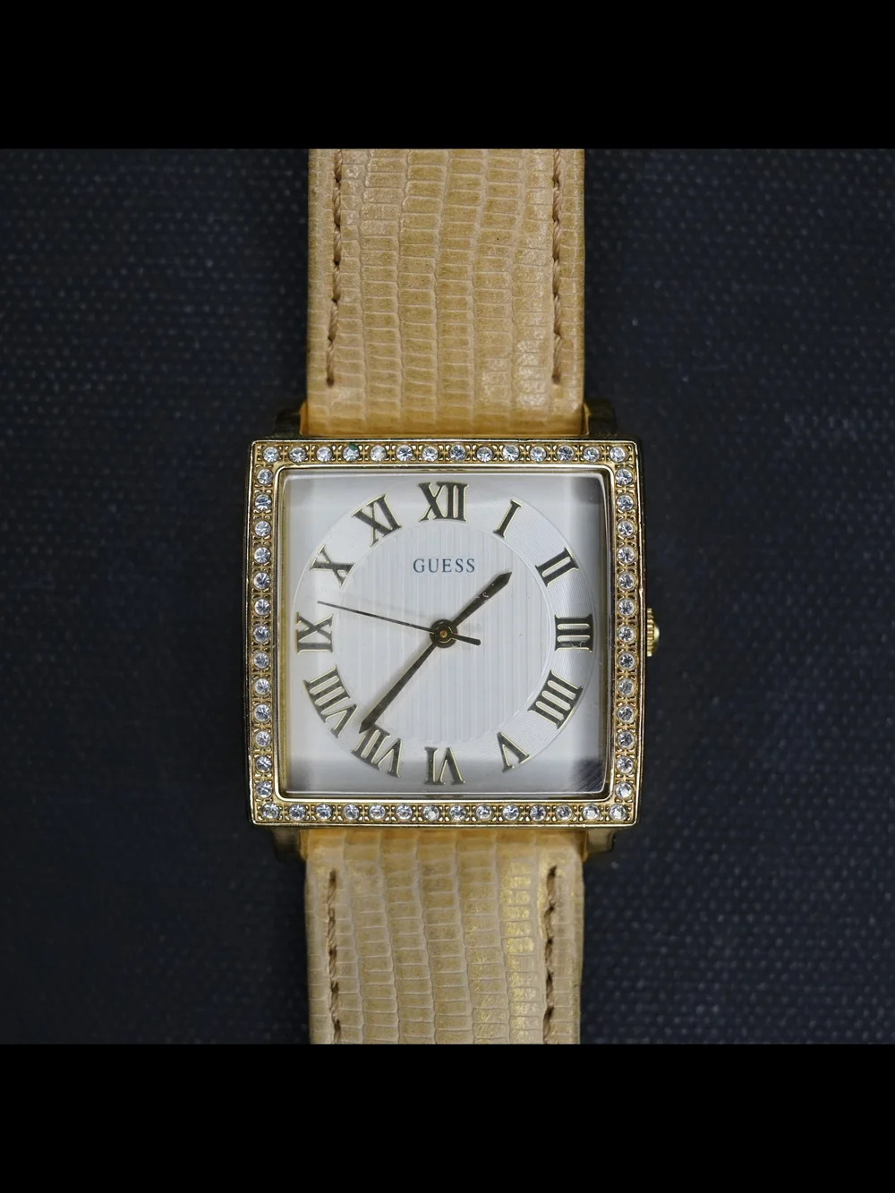 GUESS Women’s Gold-Tone Square Rhinestone Bezel Roman Numeral Quartz Beige Strap